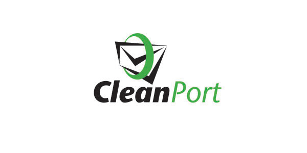 綠(lǜ)黑(hēi)搭配的(de)通(tōng)訊公司标志(zhì)設計(jì)：以信封和(hé)綠(lǜ)色圓形為(wèi)原點結合了(le)字母CLEANPORT進行(xíng)設計(jì)